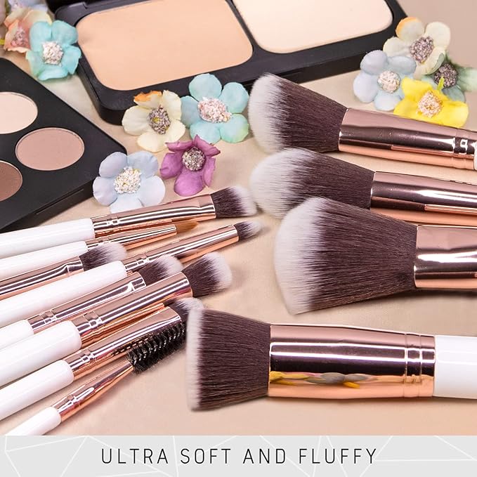 Niré Beauty White 15piece Award Winning Professional Makeup Brush Set: Vegan Makeup Brushes with Case, Makeup Sponge, Cleaner, Guide, Gift Box-BrightBean Baby
