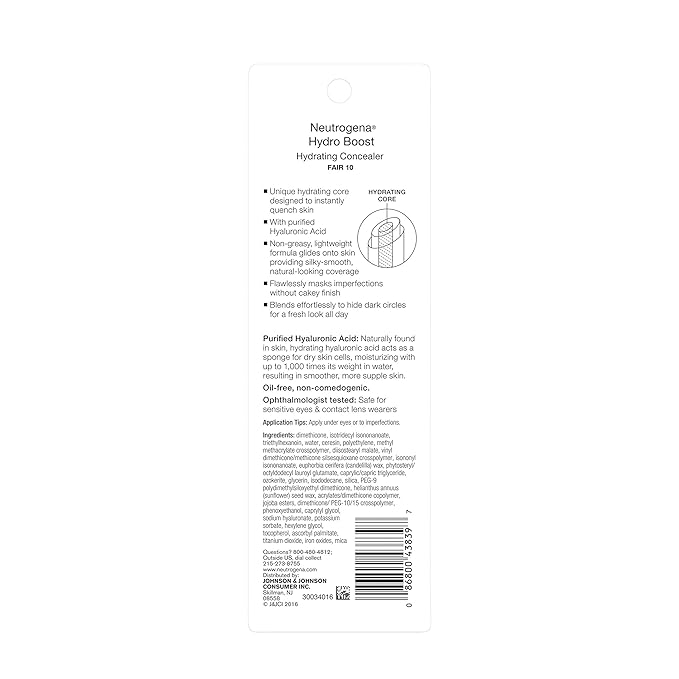 Neutrogena Hydro Boost Hydrating Concealer Stick for Dry Skin, Oil-Free, Lightweight, Non-Greasy and Non-Comedogenic Cover-Up Makeup with Hyaluronic Acid, 10/Fair, 0.12 Oz-BrightBean Baby