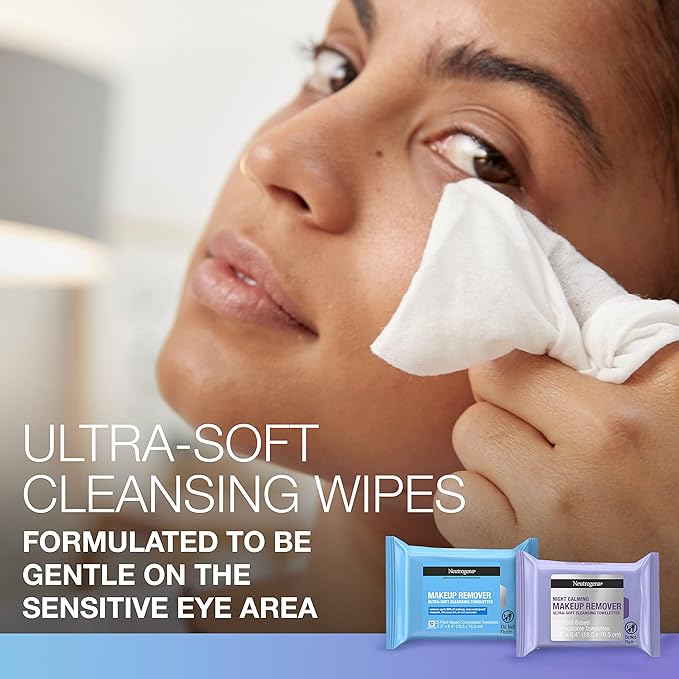 Neutrogena Day & Night Wipes, Makeup Remover Face Cleansing Towelettes & Night Calming Facial Cloths, 100% Plant Based Fibers Wipe Away Dirt, Alcohol-Free, 3 Packs of 25 ct, 75 ct-BrightBean Baby