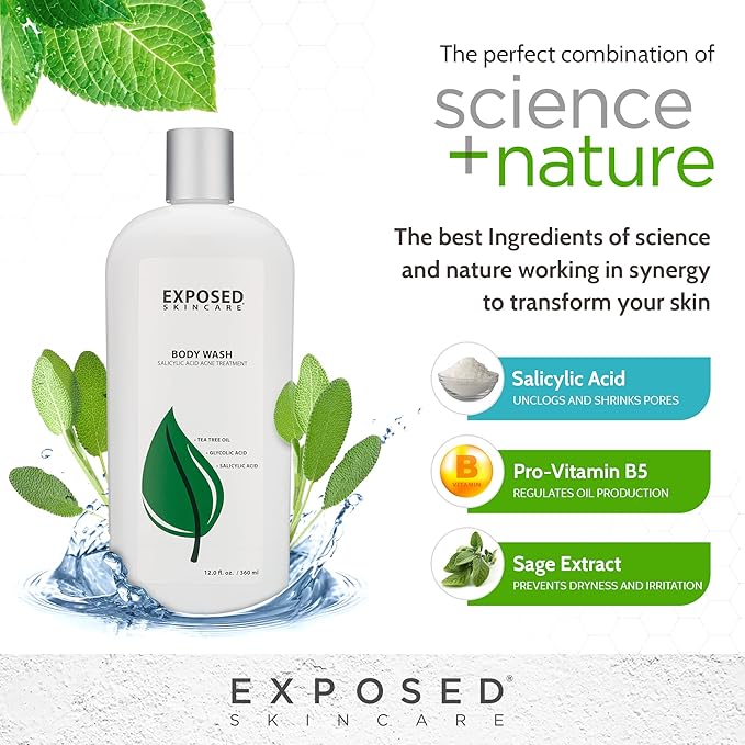 Exposed Skin Care Body Wash - Back and Body Acne Wash with Salicylic Acid and Tea Tree Oil – Exfoliating Bacne Treatment for Clearer, Healthier Skin – Body Cleanser for All Skin Types (12 fl oz)-BrightBean Baby