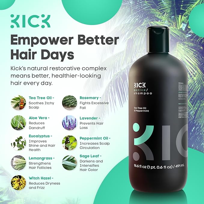 Kick Mens Shampoo - Peppermint & Tea Tree for Oil Control - Sulfate-Free, Refreshing Formula - Anti-Dandruff and Scalp Soothing - Shampoo for Oily Hair - Cruelty-Free - 16.6oz-BrightBean Baby