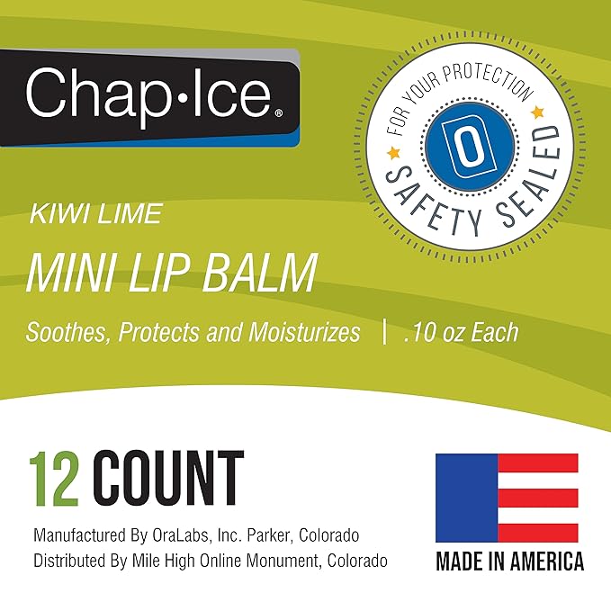 Chap-Ice® | 12-Count Mini Kiwi Lime Lip Balm | Lip Balm Pack Fortified with Vitamin E for Dry, Cracked Lips | Made in USA | 12-Count Mini Lip Balm with Kiwi Lime Flavor (0.10oz/3g Each)-BrightBean Baby