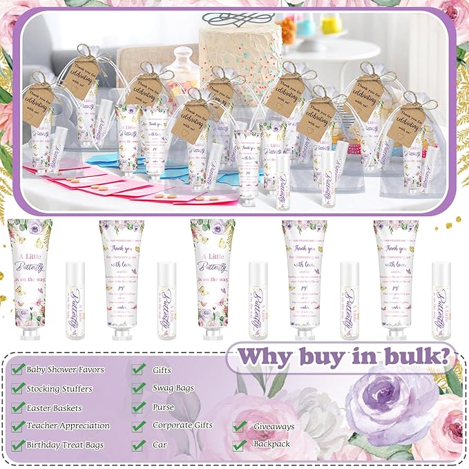 50 Sets 200 Pcs Baby Shower Hand Lotion and Lip Balm Gift Theme Baby Shower Party Favors Travel Size Hand Lotion and Lip Balm Bulk with Organza Bags Tags(Butterfly)-BrightBean Baby