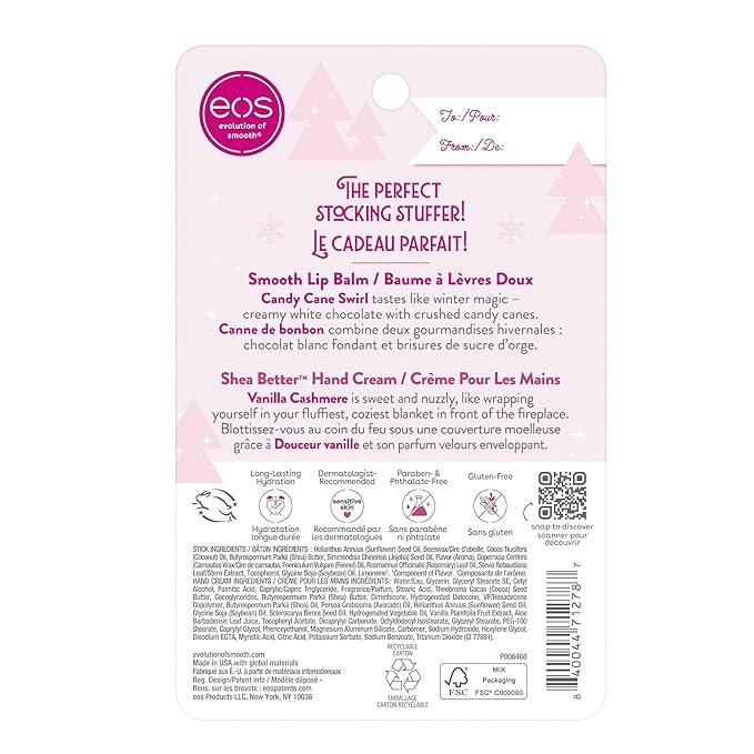 eos Holiday Skin Care Set- Vanilla Cashmere Travel Hand Cream & Candy Cane Swirl Lip Balm, Stocking Stuffers, 1 fl oz Hand Cream + 0.14 oz Lip Balm, 2-Pack-BrightBean Baby