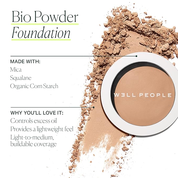 Well People Bio Powder Foundation, Lightweight & Hydrating Foundation For Perfecting & Smoothing Skin, Semi-Matte Finish, Vegan & Cruelty-free, 3W-BrightBean Baby