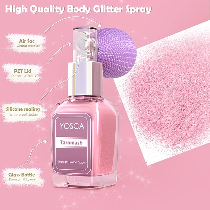 Yosca Highlighter Powder Spray, 20ML Cosmetic Grade Shimmer Powder Pink Glitter Spray Sparkle Highlighter Makeup Festival Concert Accessorise for Rave Clothes Hair Face Nail Art - Taromash-BrightBean Baby