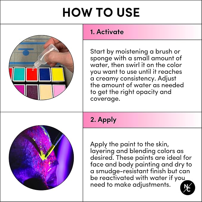 UV 12-Color Palette - Water-Activated Neon Glow Makeup for Face & Body - Fluorescent Shades for SFX, Party Makeup, Cosplay & Theatrical Performances-BrightBean Baby