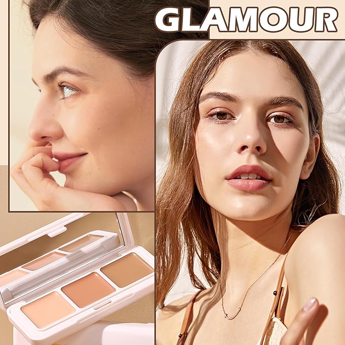 3 Colors Correcting Concealer Palette,Full Coverage Cream Contour Palette,Professional Contouring Foundation Long Wear Highlighting Concealer Contour Cream Makeup Palette with Brush-BrightBean Baby