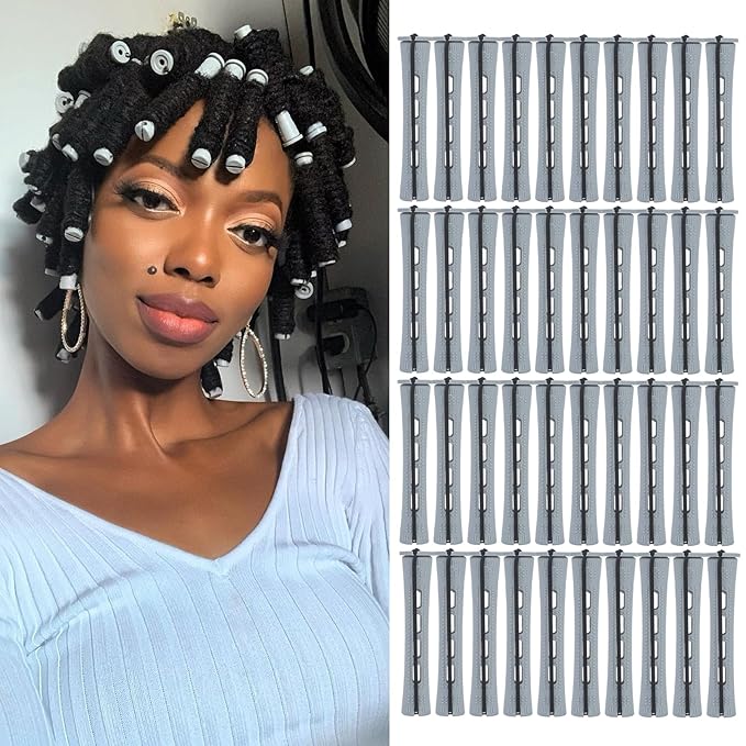 Perm Rods Set for Short Natural Hair 40pcs Gray Plastic Cold Wave Rods Hair Curling Rollers with Steel Pintail Comb Rat Tail DIY Hairdressing Tools(40pcs Gray)-BrightBean Baby