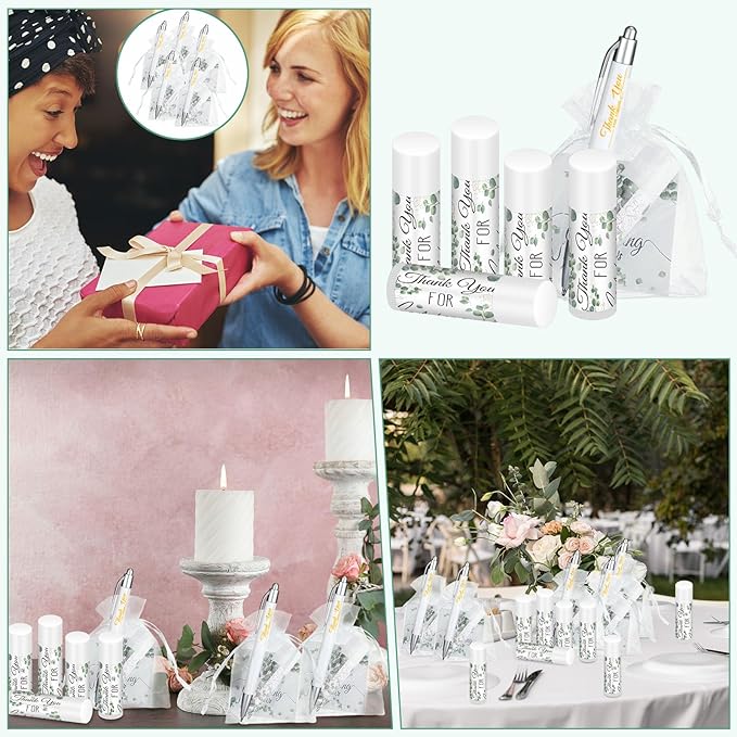 50 Set Bulk Thank You Combo Gifts Include Lip Balms Appreciation Ballpoint Pen Thank You Card Organza Drawstring Gift Bag Pouch for Wedding Parties Baby Shower Favors, Eucalyptus Leaves Style-BrightBean Baby