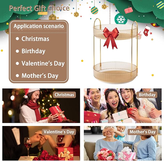 Rotating Makeup Organizer for Vanity, High-Capacity Skincare Clear Make Up Storage Perfume Organizers Cosmetic Dresser Organizer Countertop 360 Spinning (Gold, 2 Tier)-BrightBean Baby