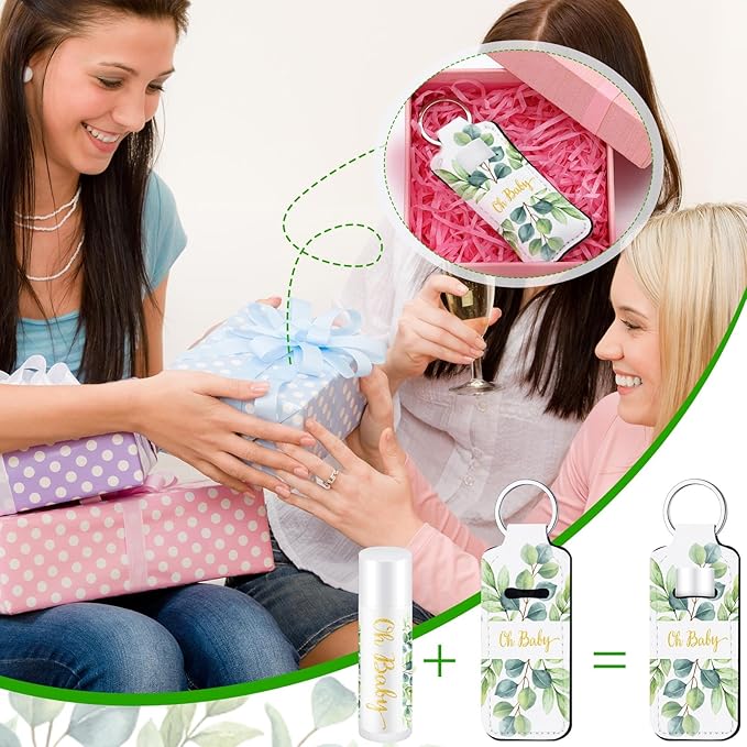 18 Sets Baby Shower Bridal Shower Favors for Guests Bulk Lip Balm and Lipstick Holder Keychains Set Baby Shower Bridal Shower Goodies Bags Thank You Gifts for Guests(Eucalyptus Baby)-BrightBean Baby