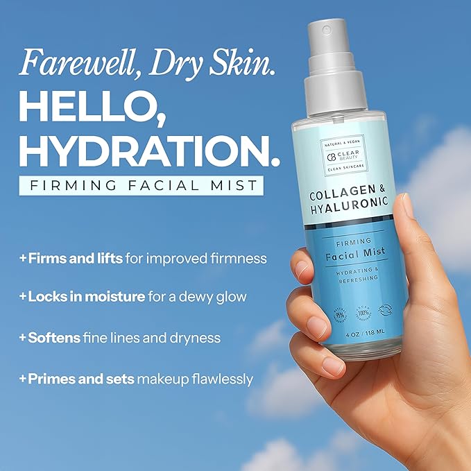 Hyaluronic Acid & Collagen Face Mist - Dermatologist Tested, Moisturizes & Tones Skin, Anti-Aging, Natural Ingredients, Cruelty-Free, 95% Natural - All Skin Types - 4 OZ-BrightBean Baby