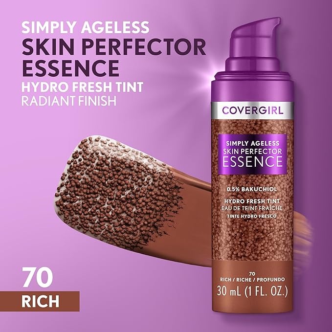 Covergirl Simply Ageless Skin Perfector Essence Foundation, 70 Rich, Tinted Skin Perfector, Skincare Makeup Hybrid, Sheer Tint, Radiant Finish, Skin-Like Finish, Vegan Formula, 1.0oz-BrightBean Baby