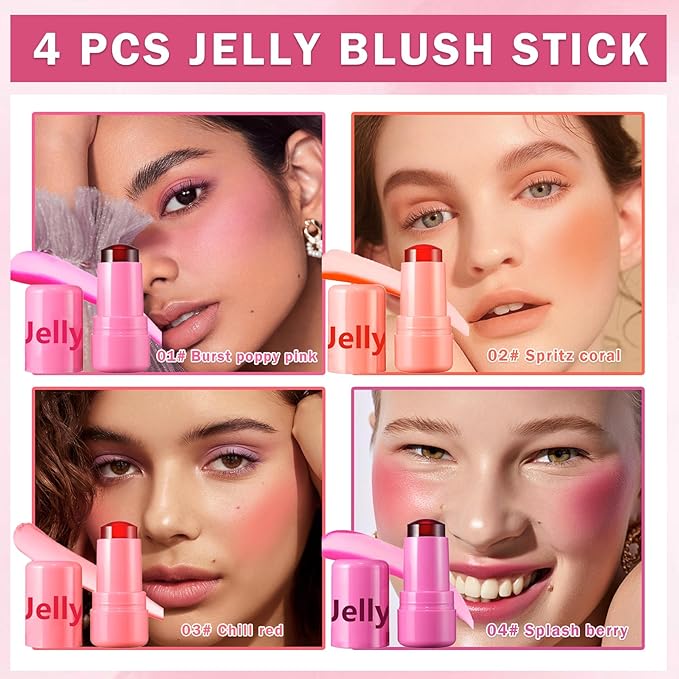 4PCS Cooling Water Jelly Tint Blush Stick for Cheeks,Multi-use Jelly Lip and Cheek Tint Stain,Moisturizing Natural Jelly Blush Stick,Buildable Watercolor Finish - Cruelty Free-BrightBean Baby