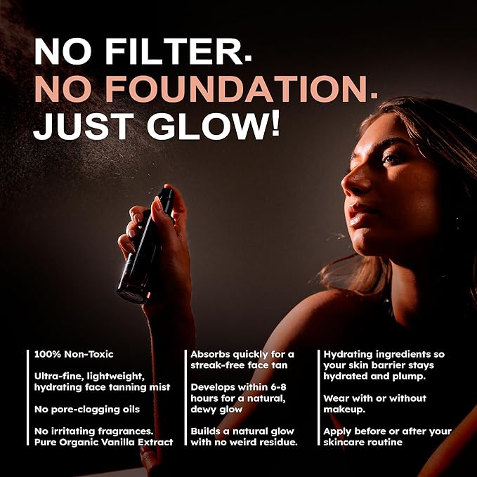 Face Tanning Mist, Organic Ingredients, Sunless Self Tanner, Bronzing, Hydrating, Steak-Free, Long Lasting Glow-BrightBean Baby