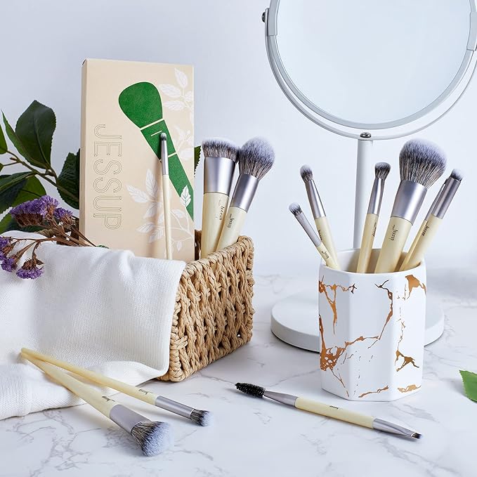 Jessup Vegan Makeup Brushes Set Premium Synthetic Powder Foundation Highlight Concealer Eyeshadow Blending Eyebrow Liner Spoolie Brush Set Burlywood 12pcs T327-BrightBean Baby