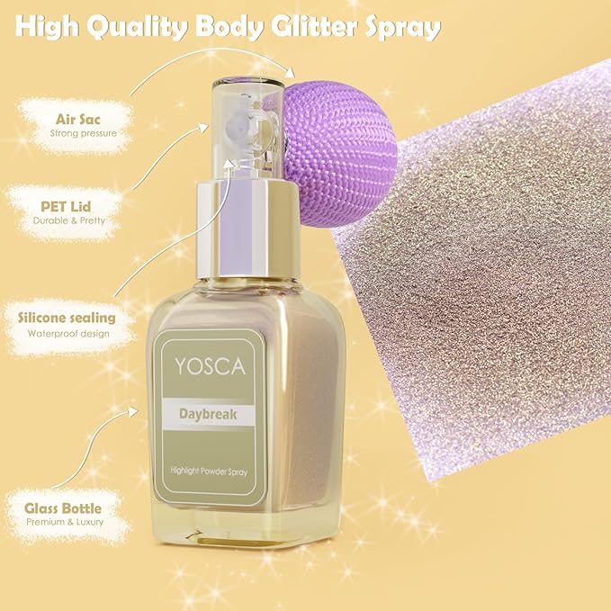 Highlighter Powder Spray, 20ML Cosmetic Grade High Gloss Body Shimmer Powder Fairy Dust Highlighter Sparkle Face Makeup Setting Magic Diamond Glitter Spray Shimmer Face Body Skin Hair Clothes-BrightBean Baby