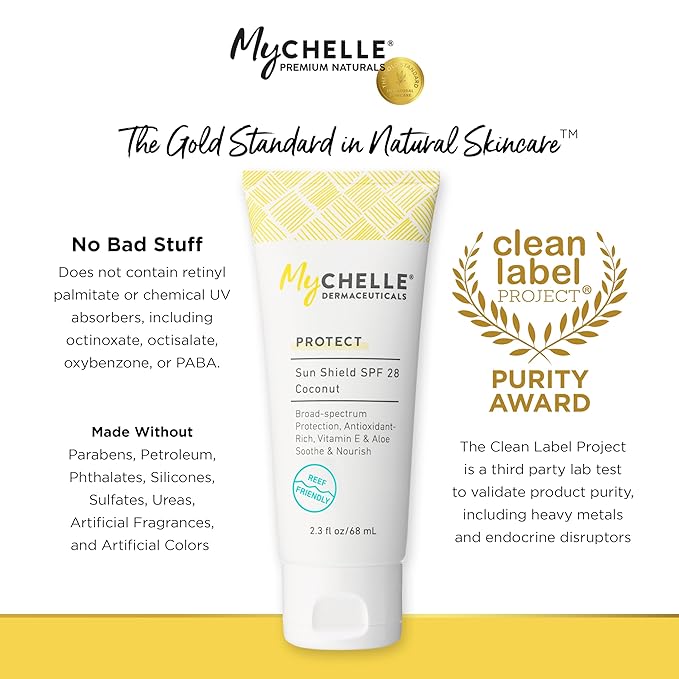 MyCHELLE Dermaceuticals Sun Shield SPF 28 Coconut (2.3 Fl Oz) - Soothing Reef Safe Sunscreen with Vitamin E and Aloe - Travel Size Zinc Sunscreen for Face and Body-BrightBean Baby