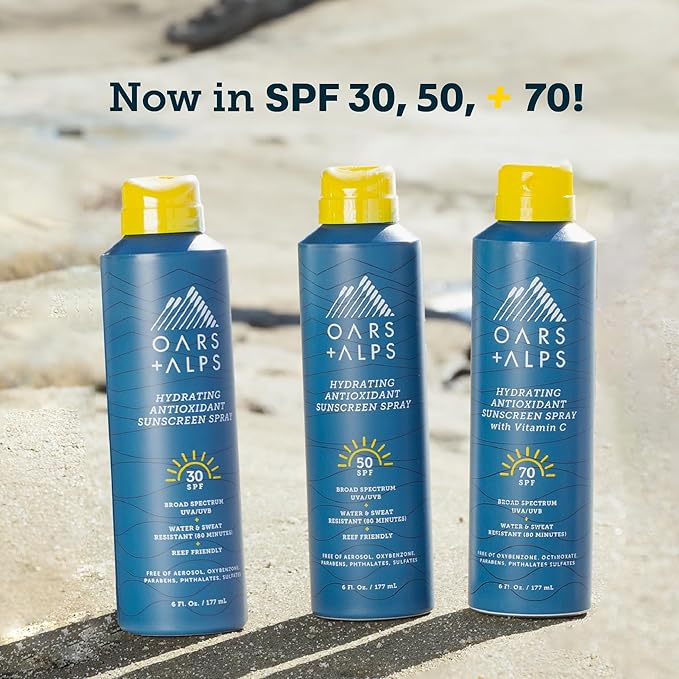 Oars + Alps Sunscreen Spray for Face & Body, SPF 70 Spray Sunscreen Infused with Vitamin C & Antioxidants, No White Residue, Water & Sweat Resistant, All Skin Types, Lightweight, Hydrating, 6oz, 1pk