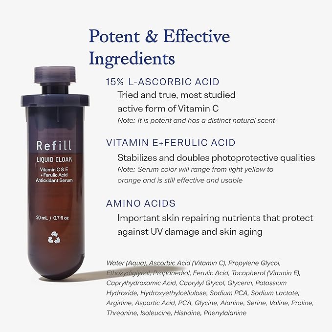 Vitamin C Serum Refill with Ferulic Acid and Vitamin E for Glowing Radiant Skin by Dear Brightly, Face Brightening, Facial Serum for Sensitive Skin, Refillable Glass Bottle, 0.7 fl oz-BrightBean Baby