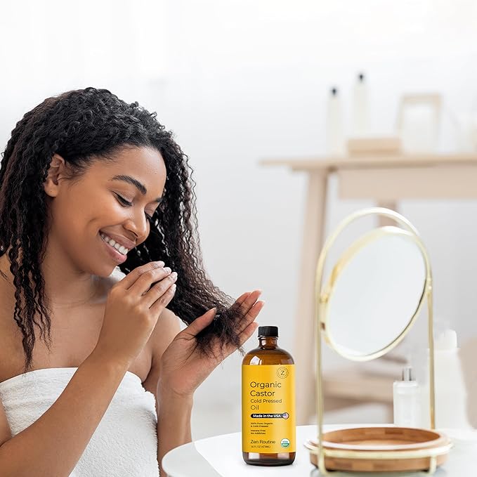 Zen Routine Organic Castor Oil (Glass Bottle - 16oz / 2-Pack) Hexane Free – Hair Growth Oil, Eye Lashes & Stomach, Pure 100% Cold Pressed Unrefined Castor Pack Wrap – USDA Certified, Made in the USA-BrightBean Baby
