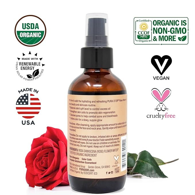 PURA D'OR Organic Rose Water Toner (4oz / 118mL) Eau Fraiche, 100% Pure Full Skin Hydration, Control Excess Oils & Acne - Cleanses & Softens - Promotes Healthy Skin Cell - for All Skin Types-BrightBean Baby