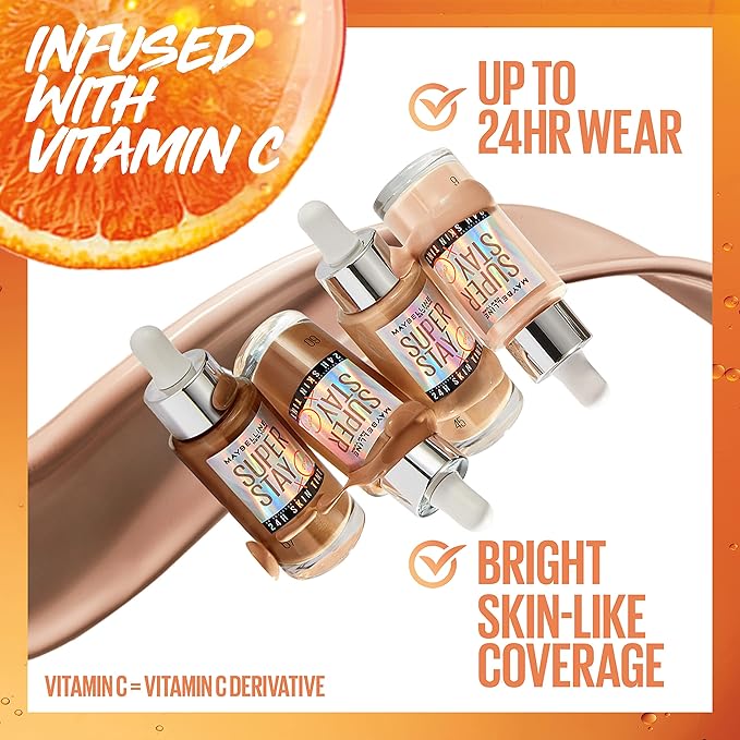 Maybelline Super Stay Up to 24HR Skin Tint, Radiant Light-to-Medium Coverage Foundation, Makeup Infused With Vitamin C, 338, 1 Count-BrightBean Baby