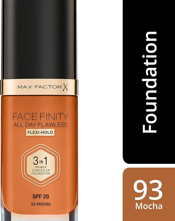 Max Factor Facefinity 3-in-1 All Day Flawless Liquid Foundation, SPF 20-93 Mocha, 30 ml-BrightBean Baby