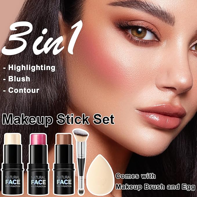 3Pcs Cream Contour Stick Makeup Kit, Shades with Highlighter Stick, Blush Stick and Bronzer Contour Stick for Sculpt the Cheeks, Long Lasting, Waterproof, Matte & Dewy Finish (LIGHT)-BrightBean Baby