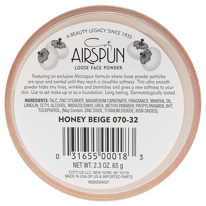 Coty Airspun Loose Face Powder 2.3 Ounce Honey Beige Light Peach Tone Loose Face Powder, for Setting or Foundation, Lightweight, Long Lasting, Pack of 1-BrightBean Baby