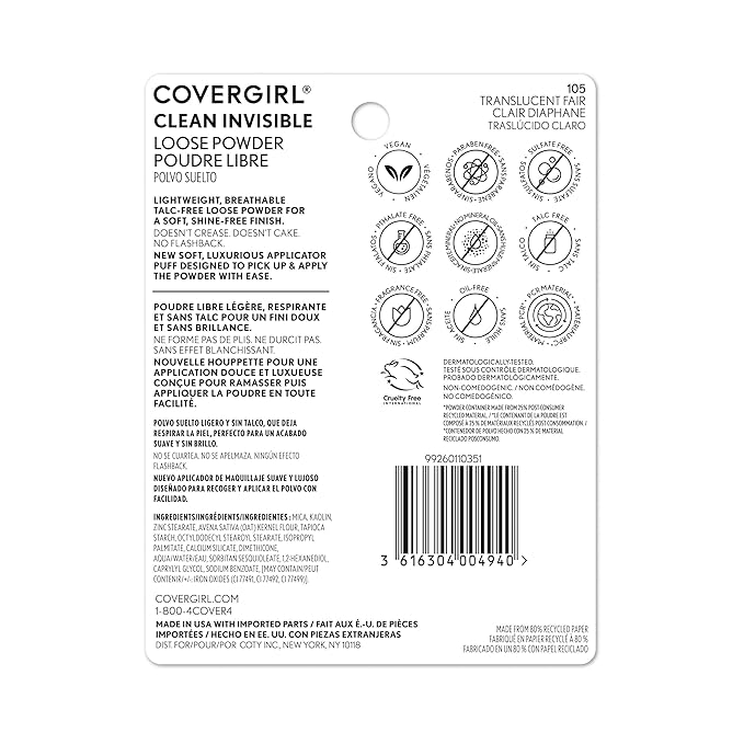 COVERGIRL Clean Invisible Loose Powder - Loose Powder, Setting Powder, Vegan Formula - Translucent Fair, 20g (0.7 oz) (Pack of 2)-BrightBean Baby