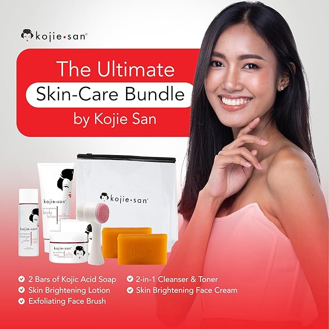 Kojie San Face & Body Complete Brightening Mini Set - 65 Gram x 2 Bars Soap, Body Lotion, Face Cream, and Facial Cleansing Brush-BrightBean Baby