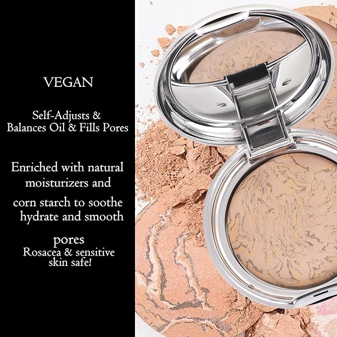 Marbleized Baked Foundation Makeup, Balance and Brighten Color Correcting Powder Foundation - Buildable Light to Medium Coverage - Demi-Matte Natural Finish (#003 MEDIUM, 0.32 Oz)-BrightBean Baby