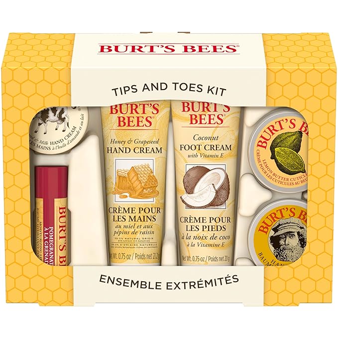 Burt's Bees Back to School Gifts Ideas, 6 Body Care College Dorm Products, Tips and Toes Set - Pomegranate Moisturizing Lip Balm, 2 Hand Creams, Foot Cream, Cuticle Cream & Hand Salve-BrightBean Baby