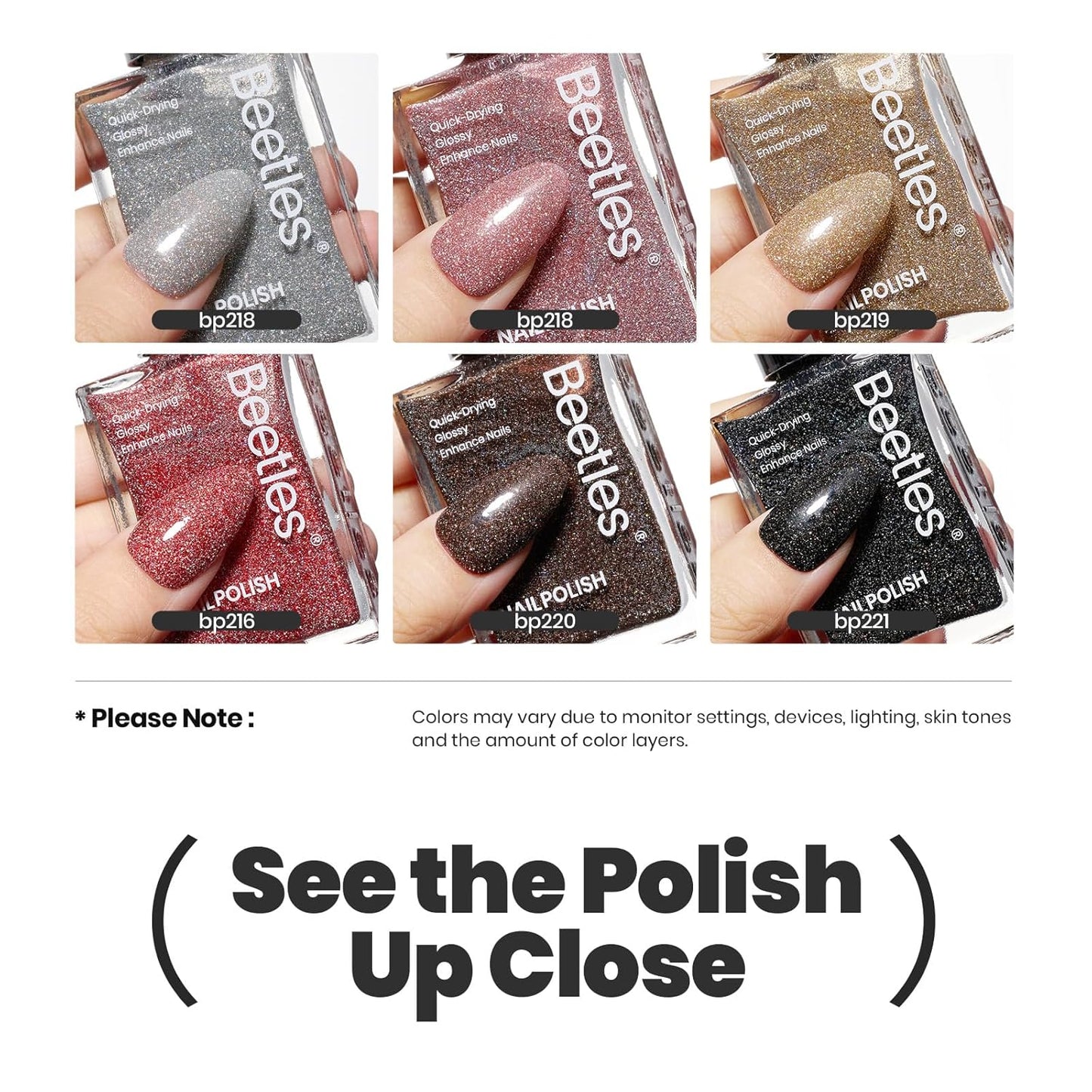 Beetles Glitter Nail Polish Set, 6 Color Silver Pink Gold Red Brown Black Quick Air Dry Nail Polish Natural Elegant Nail Lacquer Manicure DIY Nail Art Salon Gifts For Women-BrightBean Baby