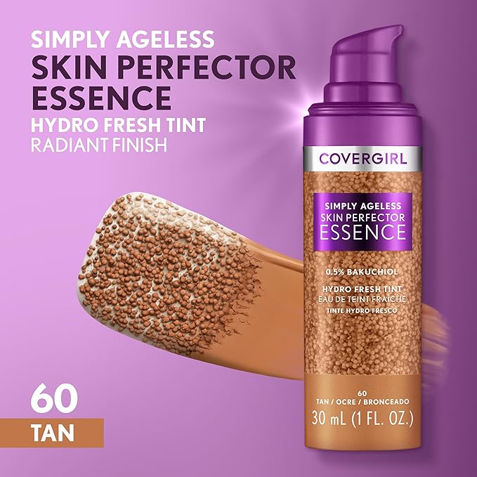 Covergirl Simply Ageless Skin Perfector Essence Foundation, 60 Tan, Tinted Skin Perfector, Skincare Makeup Hybrid, Sheer Tint, Radiant Finish, Skin-Like Finish, Vegan Formula, 1.0oz-BrightBean Baby