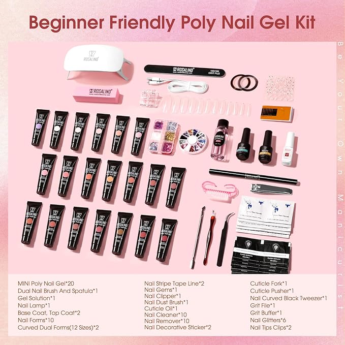 Poly Nail Gel Kit -20 Colors + 76 Nail Art Accessories ROSALIND Nude Clear Poly Nails Gel Kit Starter Kit with Slip Solution Nude Pink Nails Extensions with Mini UV Lamp-BrightBean Baby
