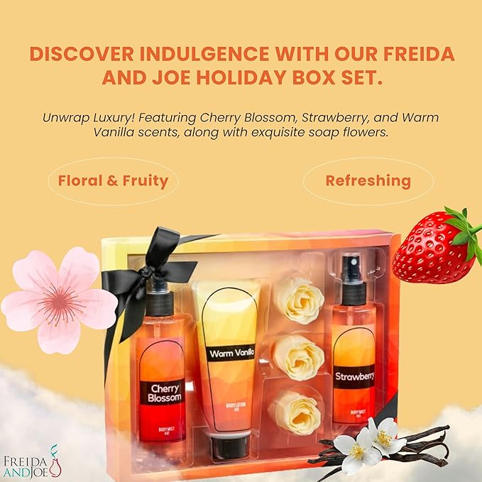 Fine Fragrance Body Mist & Body Splash Gift Set – Luxury Self-Care Combo for Women and Girls (Cherry Blossom, Strawberry, Warm Vanilla, Rose Soap)-BrightBean Baby