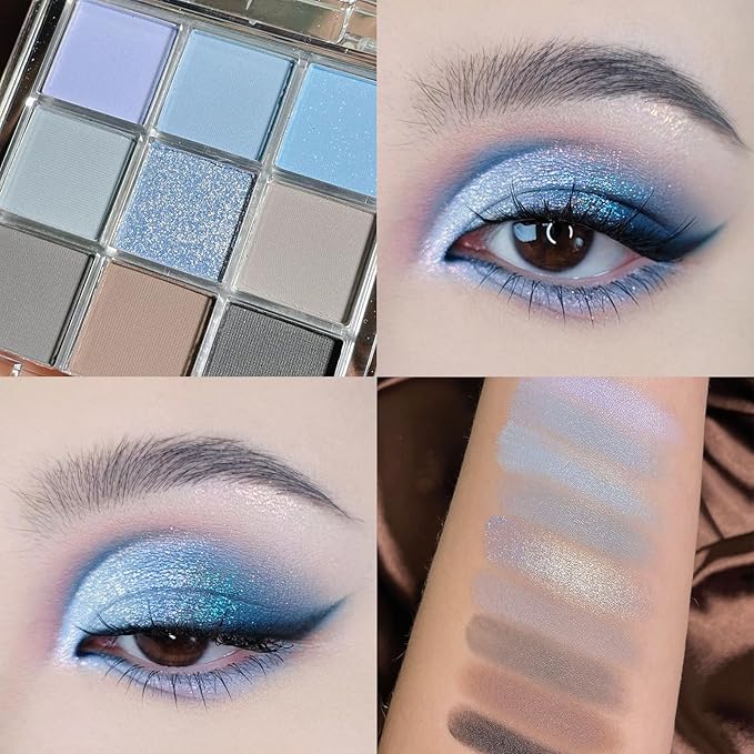 Erinde 9 Colors Eyeshadow Palette, Matte Shimmer Glitter Eye Shadow Palette Makeup, Highly Pigmented Long Lasting Waterproof, Natural Neutral Nude Eyeshadow Make Up Pallet, Blue-BrightBean Baby