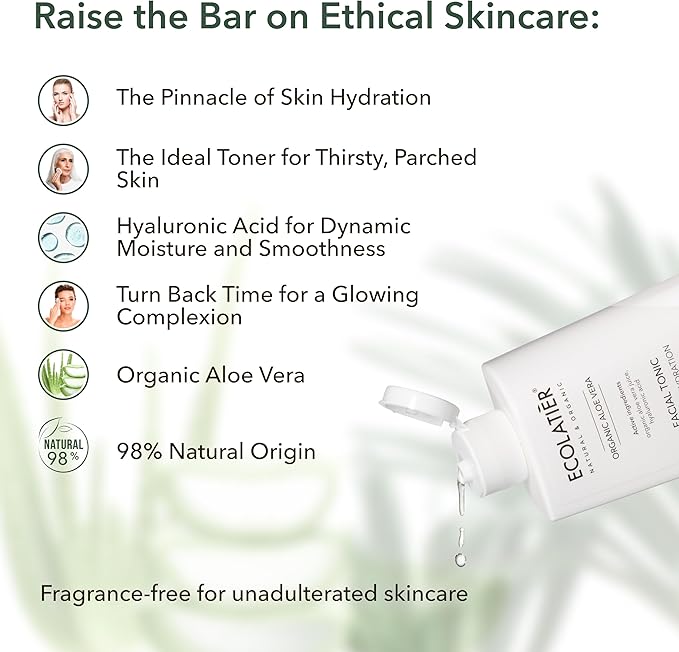 Organic Aloe Vera Facial Toner - 98% Natural Ingredients - Intense Hydration, Hyaluronic Acid, 98% Natural, Vegan - Deep Moisture, Refreshes, and Revitalizes The Skin - 8.5 Fl Oz / 250ml-BrightBean Baby