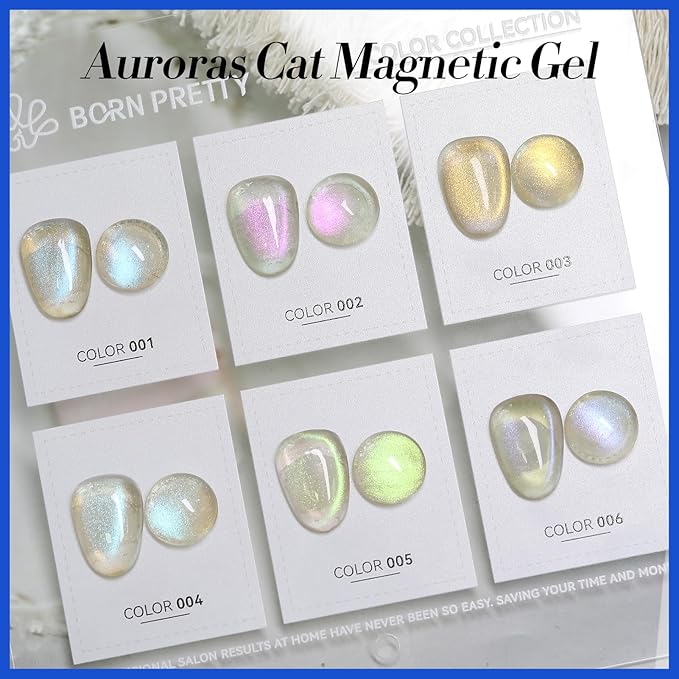 Born Pretty Cat Magnetic Eye Gel Nail Polish Aurora Mermaid Blue Purple Pink Yellow Red Gel Polish Glass Holographic Glitter Gel Nail Polish for Nail Art Manicure Salon DIY 6PCS 7ML-BrightBean Baby