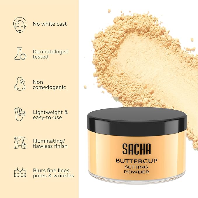 Sacha BUTTERCUP Setting Powder Makeup 1.75 Oz. Translucent Setting Powder for Oily Skin Finishing Powder Loose Powder Makeup Blurring Powder Blurs Fine Lines and Pores For Medium to Dark Skin Tones-BrightBean Baby