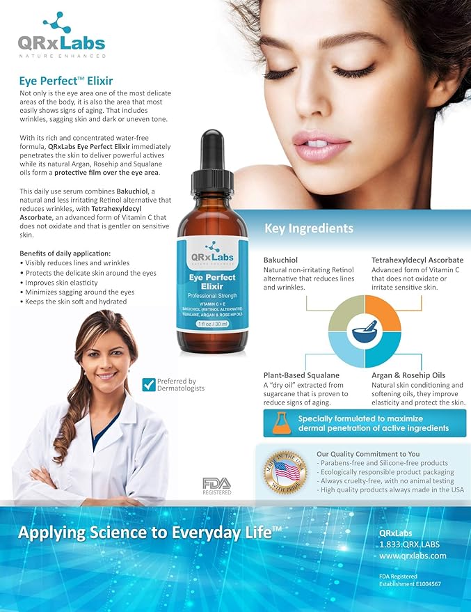 Eye Perfect Elixir - With Bakuchiol (Retinol Alternative), Pure Argan and Rosehip Oils, Squalane, Vitamin C & E - Best Anti-Aging Treatment Serum for Bags, Puffiness, Wrinkles, Crow Feet-BrightBean Baby