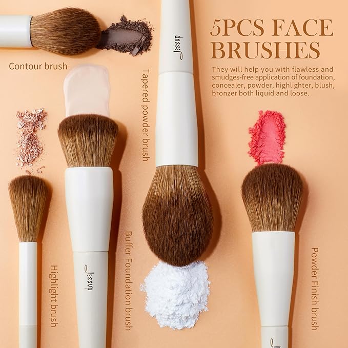 Jessup Makeup Brush Set 5Pcs Face Makeup Brushes Vegan Soft Foundation Brush Blush Brush Bronzer Contour Brush Highlighter Brush Fluffy Setting Powder Brush, Light Grey T493-BrightBean Baby