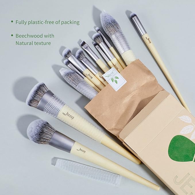 Jessup Vegan Makeup Brushes Set Premium Synthetic Powder Foundation Highlight Concealer Eyeshadow Blending Eyebrow Liner Spoolie Brush Set Burlywood 12pcs T327-BrightBean Baby