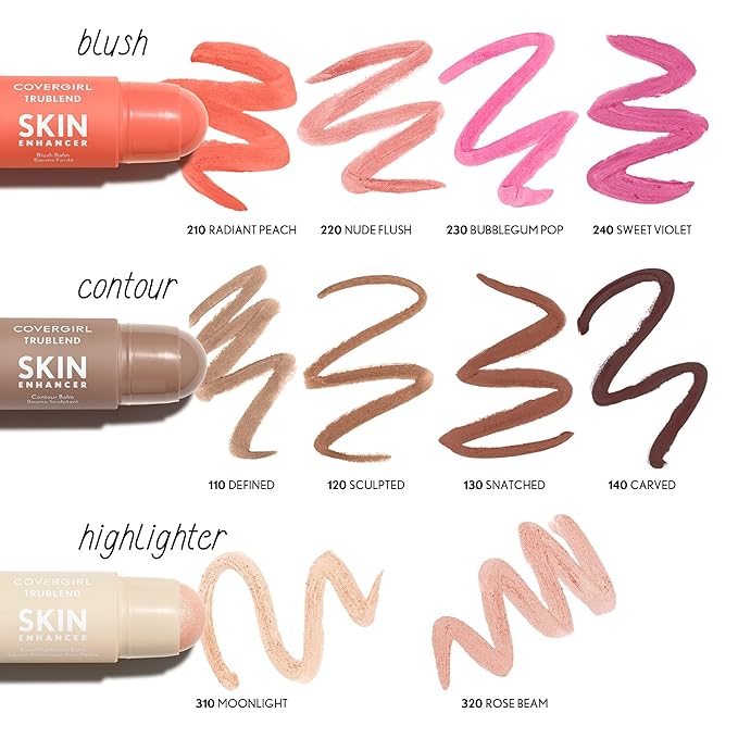 CoverGirl Trublend Skin Enhancer Highlighter Balm Stick, 320 Rose Beam, Highlighter, Vegan Formula, Easy to Use, Glides on Effortlessly, Non-Greasy, Doesn't Crease, 0.21oz