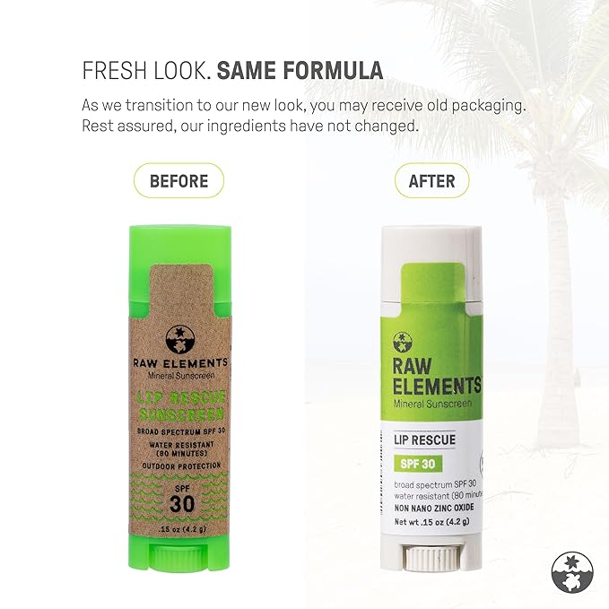 Raw Elements Organic Outdoor Sunscreen Lip Balm Rescue - SPF 30, UVA-UVB Protection, Reef-Safe, Non-Nano Zinc, Water Resistant, 0.15 oz (Pack of 1)-BrightBean Baby