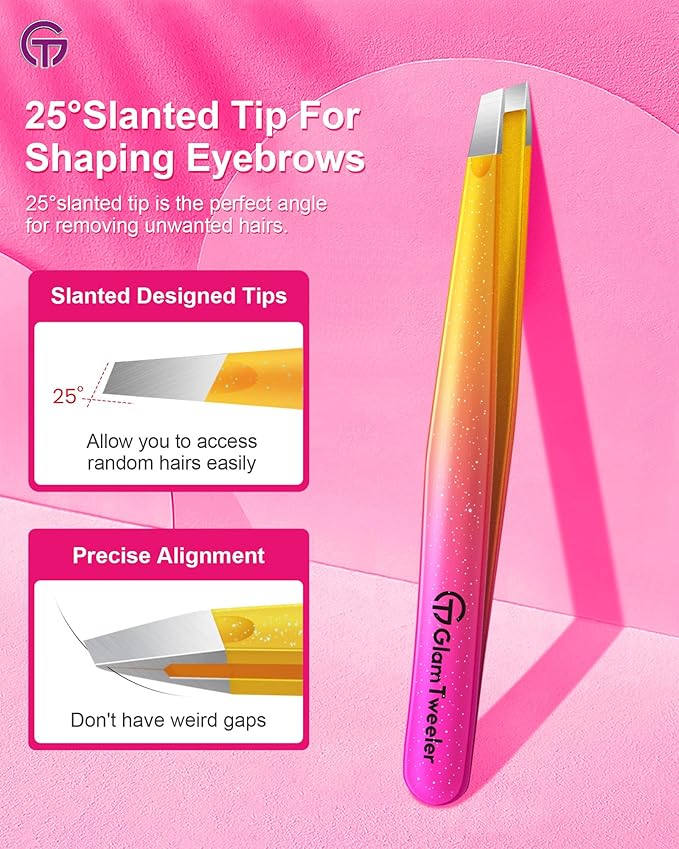 Expert Eyebrow Hair Removal Tweezer with Leather Case, GlamTweeler High Precision Slant Tip Stainless Steel Tweezers for Men and Women (Sparkle Fuchsia & Yellow)