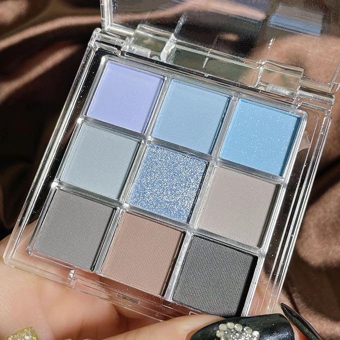 Erinde 9 Colors Eyeshadow Palette, Matte Shimmer Glitter Eye Shadow Palette Makeup, Highly Pigmented Long Lasting Waterproof, Natural Neutral Nude Eyeshadow Make Up Pallet, Blue-BrightBean Baby